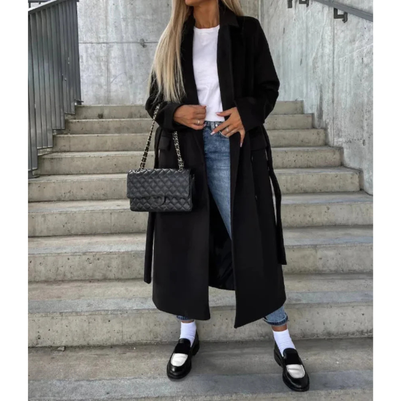 Damen Trenchcoat Lang | Übergangsjacke mit Gürtel & Breitem Revers