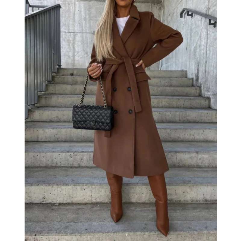Damen Trenchcoat Lang | Übergangsjacke mit Gürtel & Breitem Revers