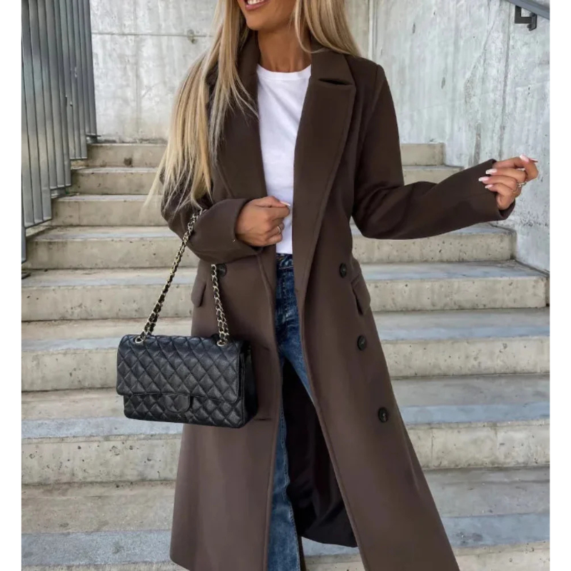 Damen Trenchcoat Lang | Übergangsjacke mit Gürtel & Breitem Revers