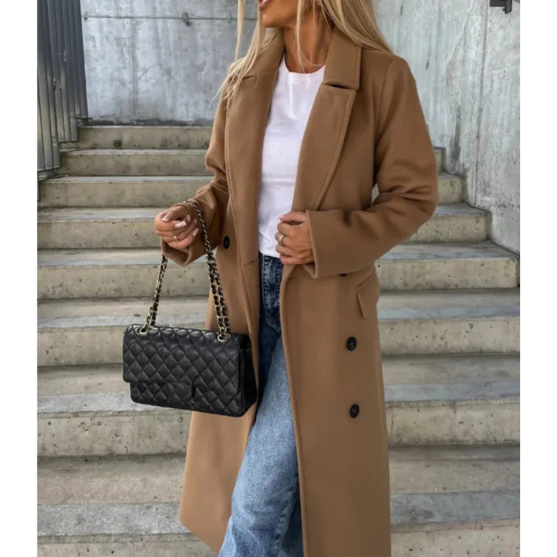 Damen Trenchcoat Lang | Übergangsjacke mit Gürtel & Breitem Revers