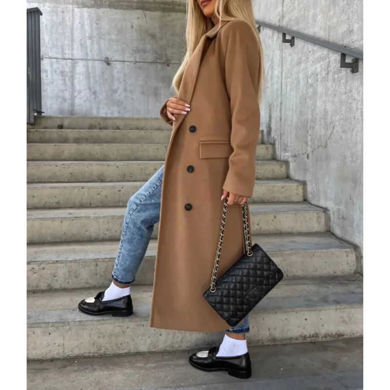 Damen Trenchcoat Lang | Übergangsjacke mit Gürtel & Breitem Revers
