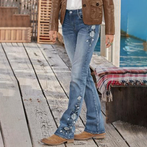 Yvonne - Weinlese lässig bedruckte Denim Schlaghose-Becker Boutique