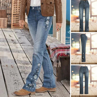 Yvonne - Weinlese lässig bedruckte Denim Schlaghose-Becker Boutique