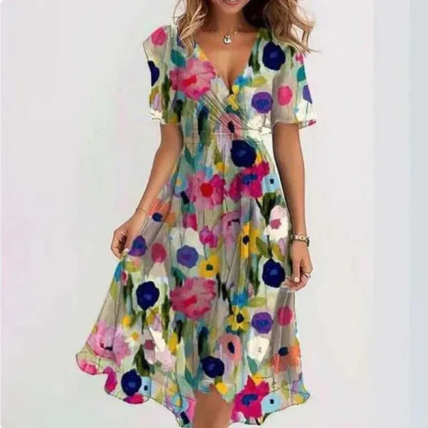 Greta | Chiffon-Midikleid mit Blumenmuster und V-Ausschnitt