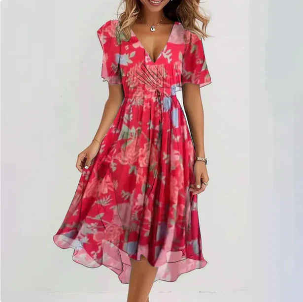 Greta | Chiffon-Midikleid mit Blumenmuster und V-Ausschnitt