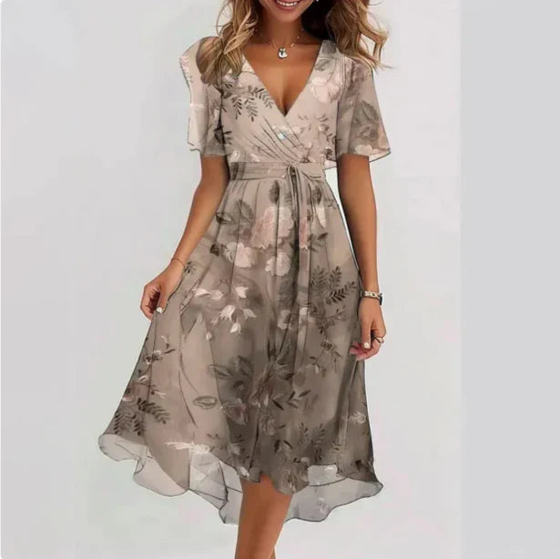 Greta | Chiffon-Midikleid mit Blumenmuster und V-Ausschnitt