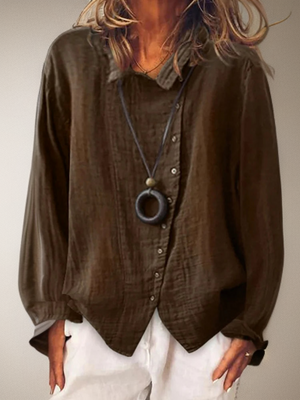 Lovisa┃Baumwolle und Leinen Langärmelige Bluse mit Knöpfen-Braun-S-Becker Boutique