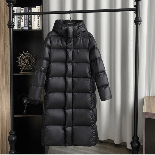 Phoebe | Schwarze Long Puffer-Daunenjacke für Frauen